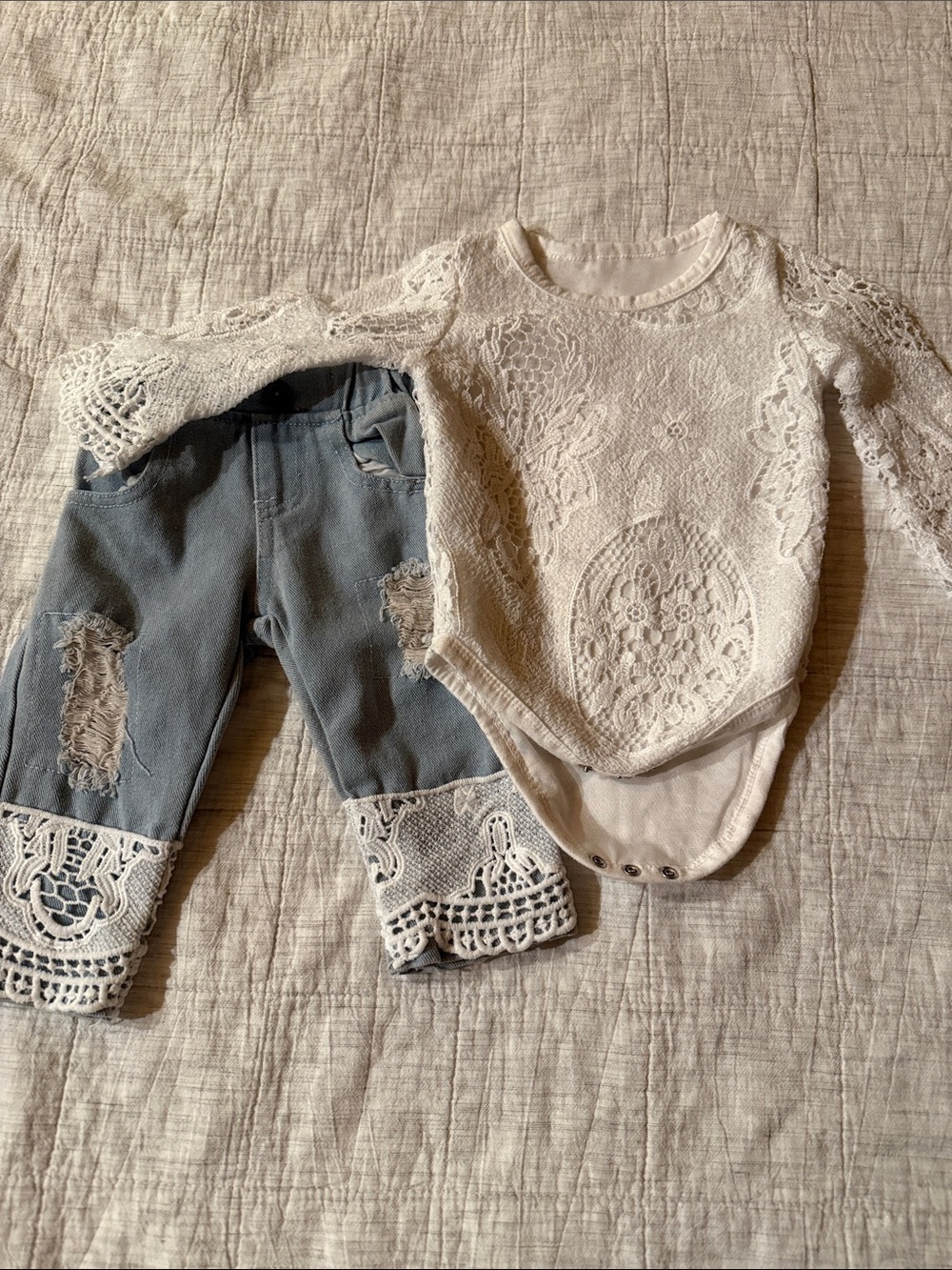 Baby Girls Lace-Trim Denim and onsie- Cream & Light Blue